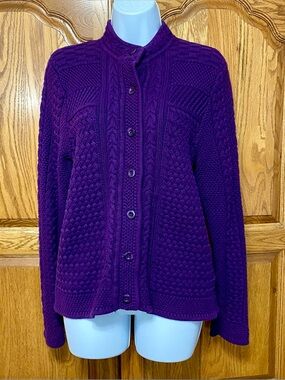 L.L. Bean Purple Cable Knit Cardigan Sweater Sz M 100% Cotton Chunky Fisherman